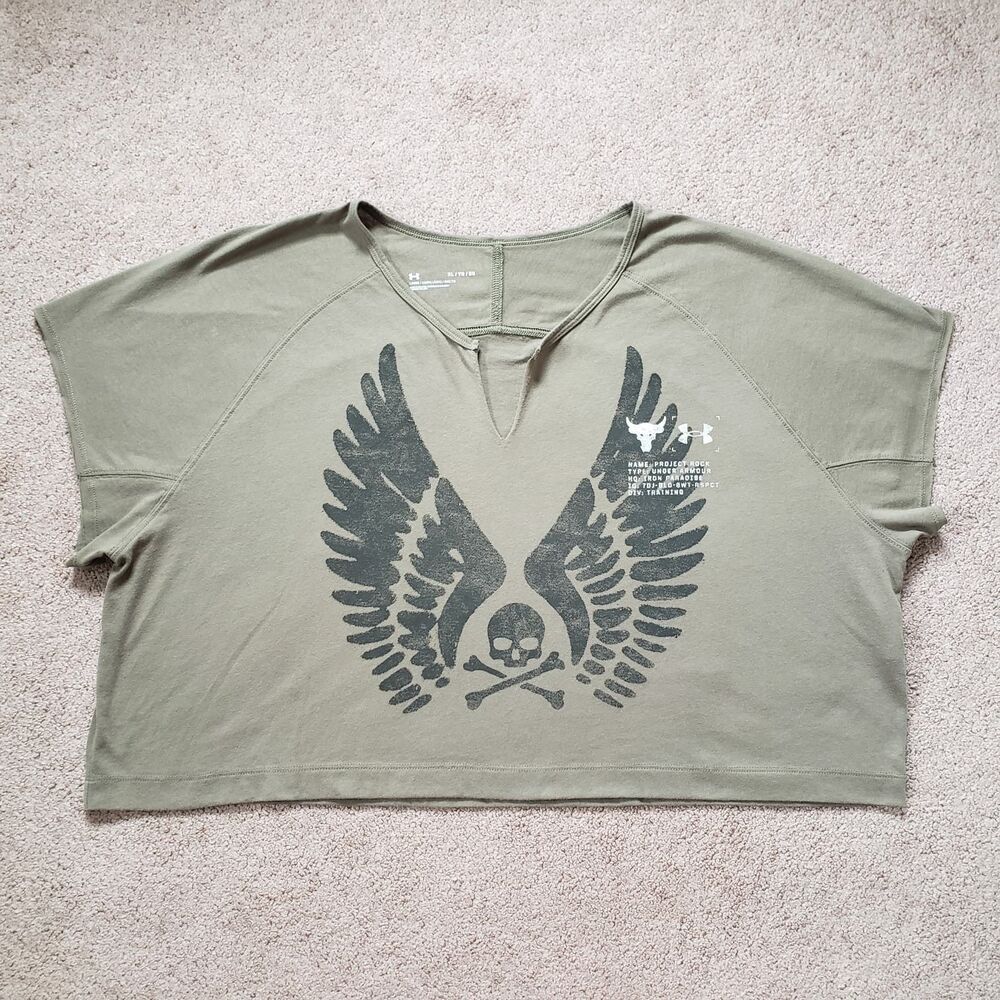 Under Armour Project Rock Wings Skull Cropped Loose Fit Workout Tee Green Sz XL